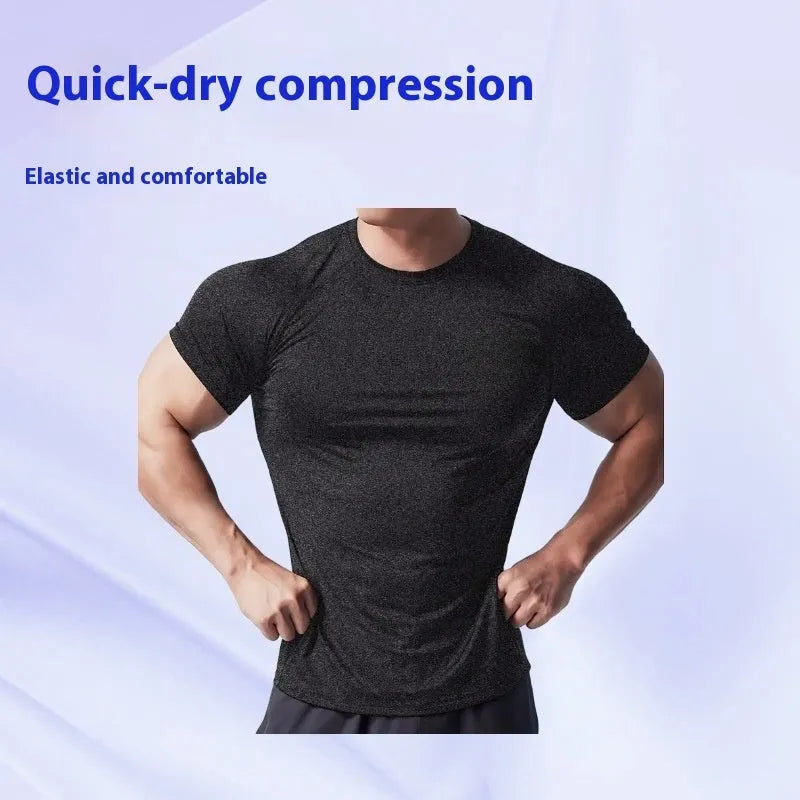 Men's tight stretch quick-drying round neck short sleeve t-shirt in polyester blend fabric