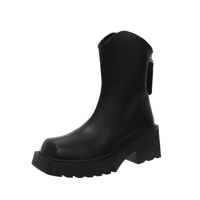 Black square toe platform Martin boots for women with a back zipper and a mid-calf height.