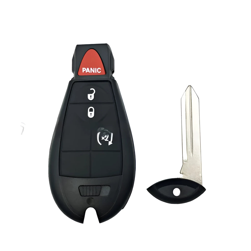 Empty replacement smart key shell for Dodge and Chrysler vehicles, showing dimensions and model codes.