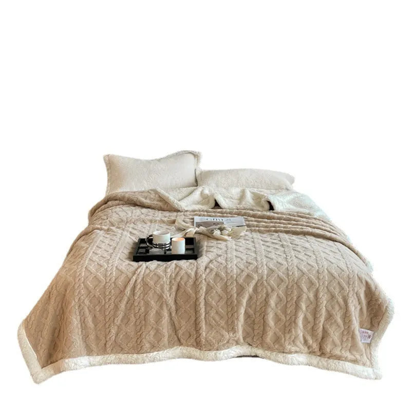 Winter thermal flannel blanket in beige colour showing texture and size
