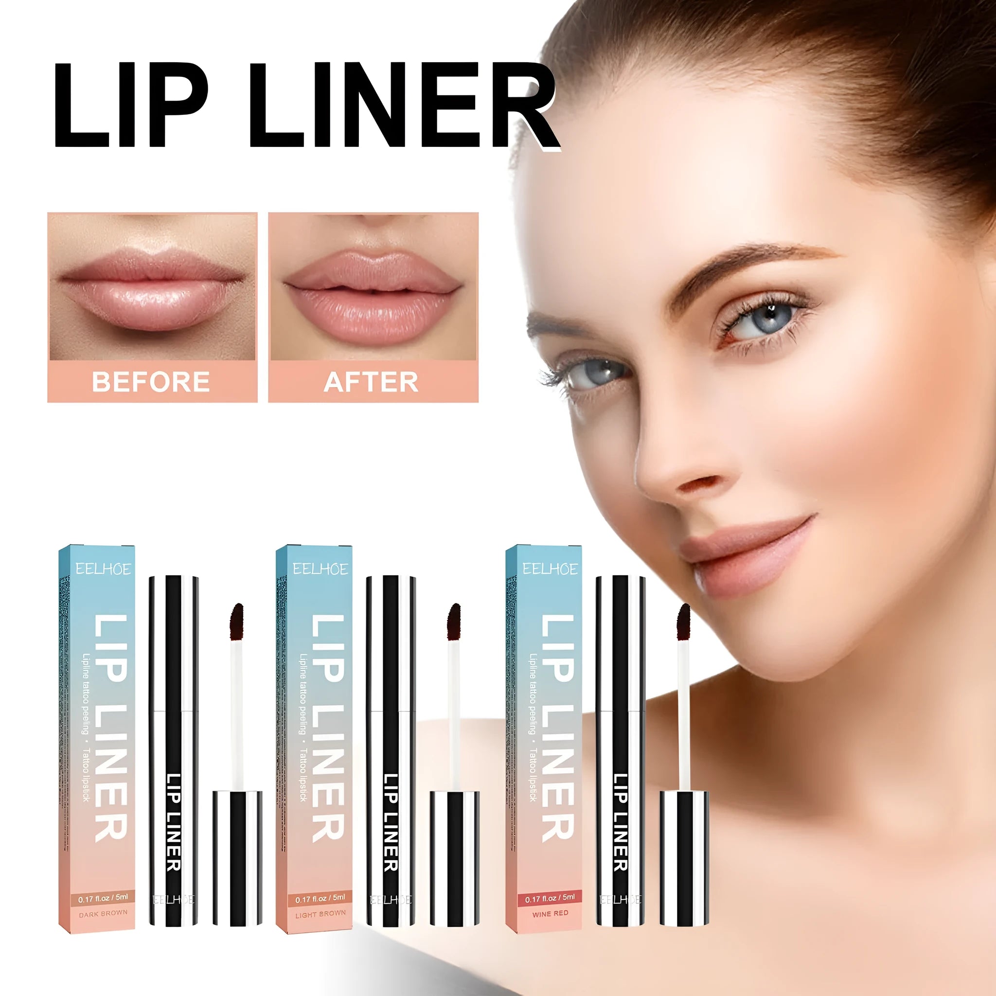 Waterproof stripping lip liner 5ml, dark brown shade, with twist-up mechanism and compact tube