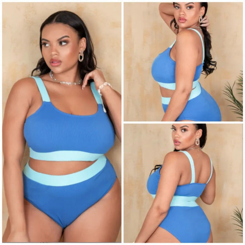 Solid colour women's high-waisted bikini swimsuit set on a neutral background.