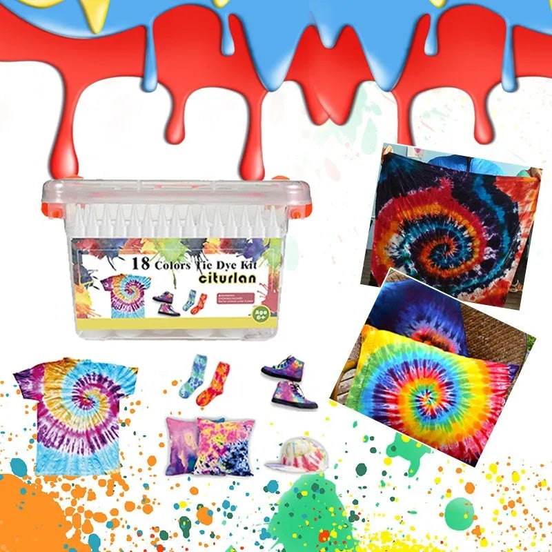 Children's 18 colour dye storage box set with 30ml bottles and accessories including rubber bands, aprons, and tablecloth