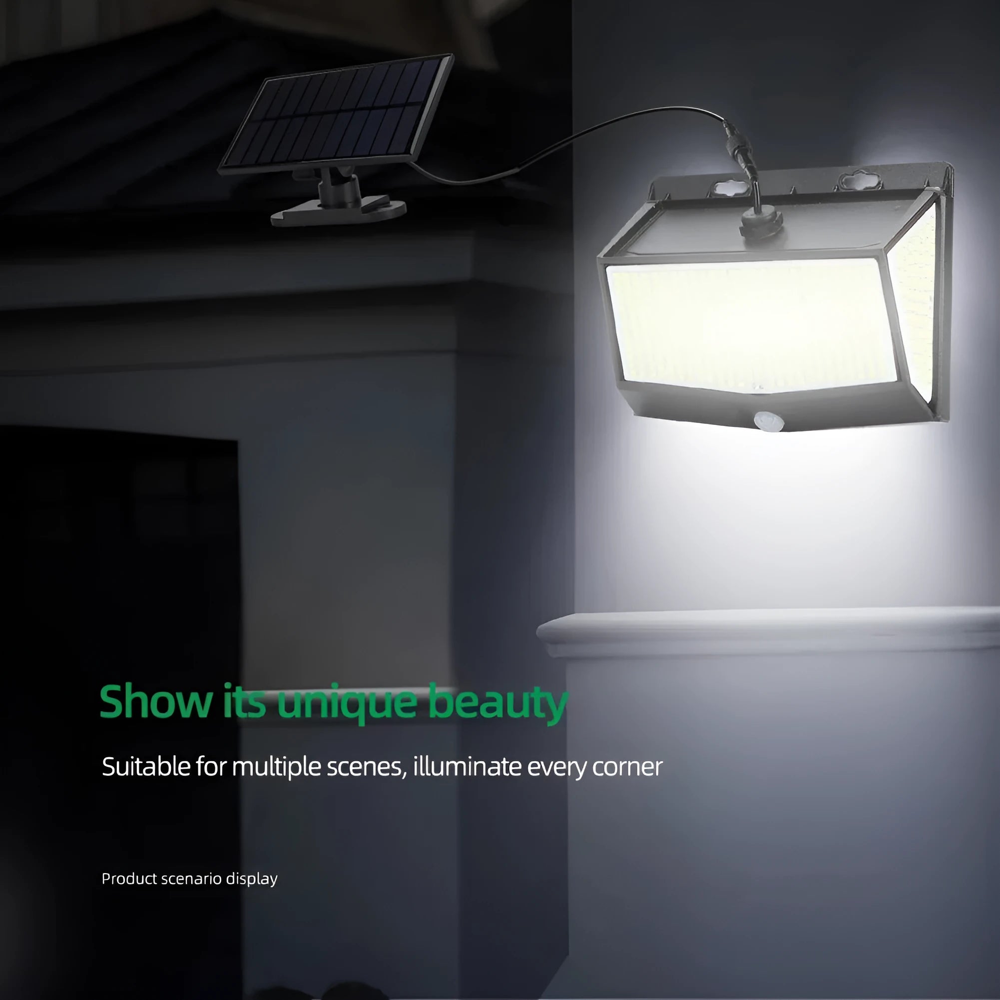 Solar wall light induction outdoor courtyard light with 468 LEDs and separate solar panel in black ABS plastic