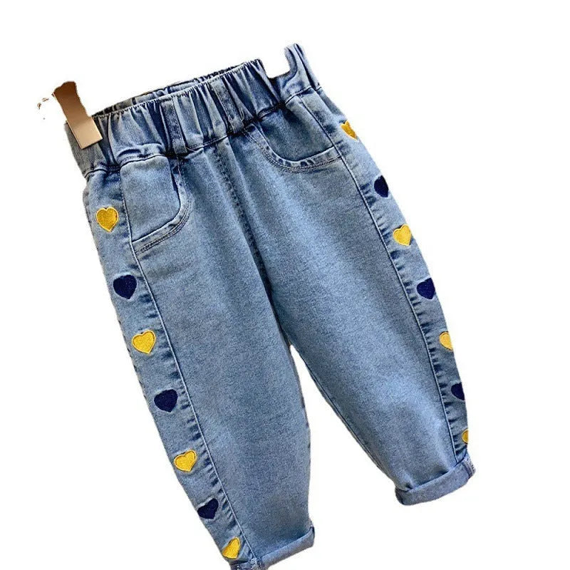 Girls Korean style harem jeans in embroidered cherry pattern, cotton denim, mid waist elastic waistband