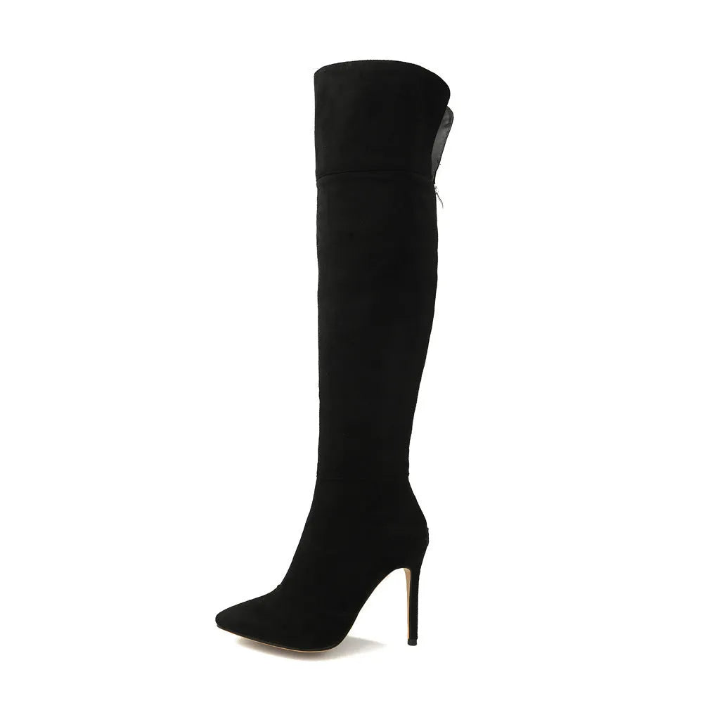 Stiletto heel pointed toe over the knee boots in suede, super high heel, sizes 32-46, black brown gray