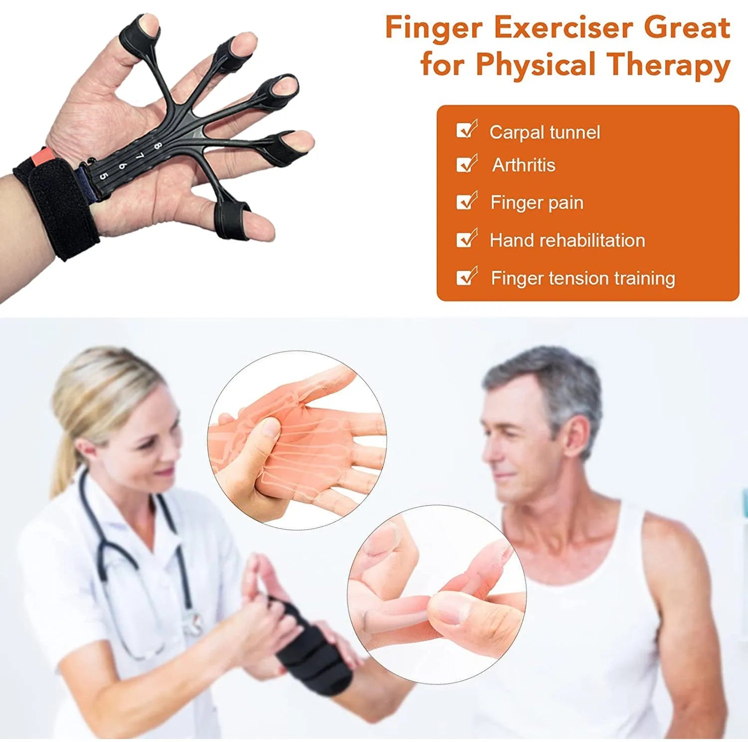 HLX silicone finger flexion and extension trainer with adjustable belt in black colour