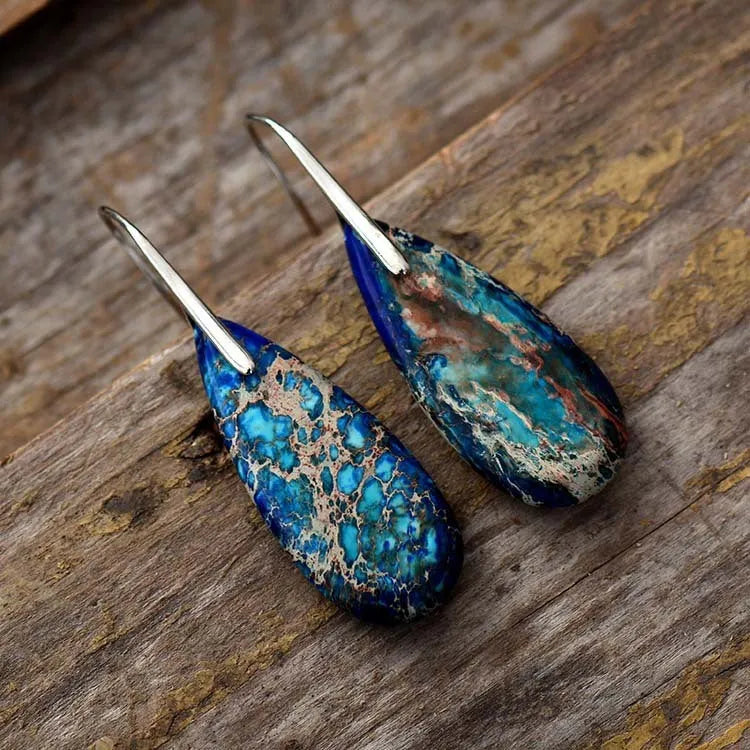 Bohemian emperor stone water drop earrings for women in red purple blue or orange with gold ear hook options