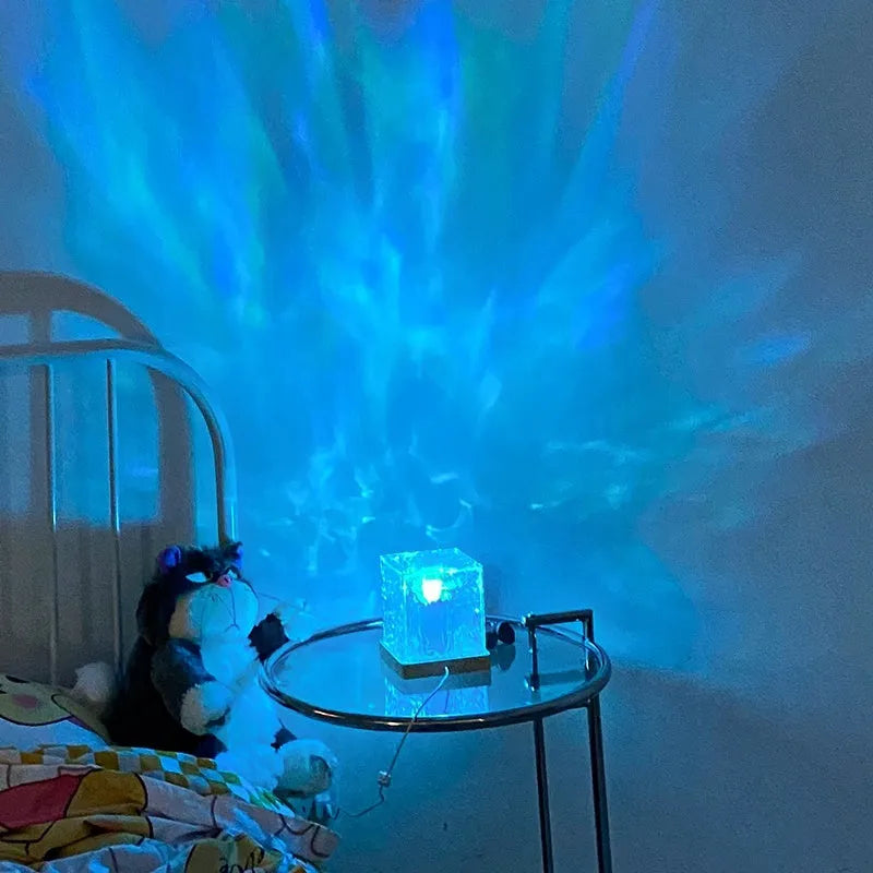 USB LED water ripple night light with rotating crystal projection and remote control