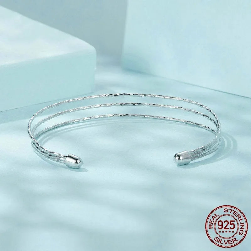 Simple multi-layer bracelet S925 sterling silver open-ended adjustable silver colour SCB273