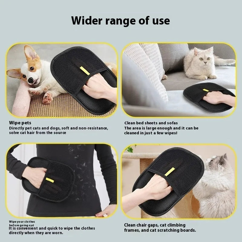 Black pet hair removal mitt glove with silicone bristles for dog cat rabbit grooming