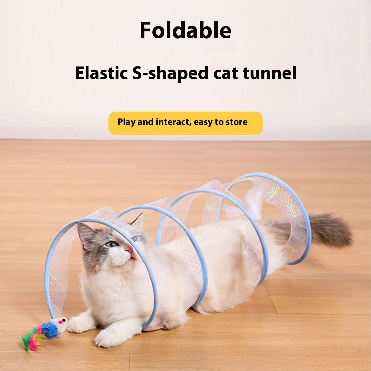 S-type steel wire frame cat tunnel with elastic net fabric and a feather teaser attached.