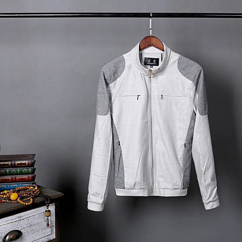 Men's thin linen blend casual jacket in regular fit, shown in heather grey, on a hanger.