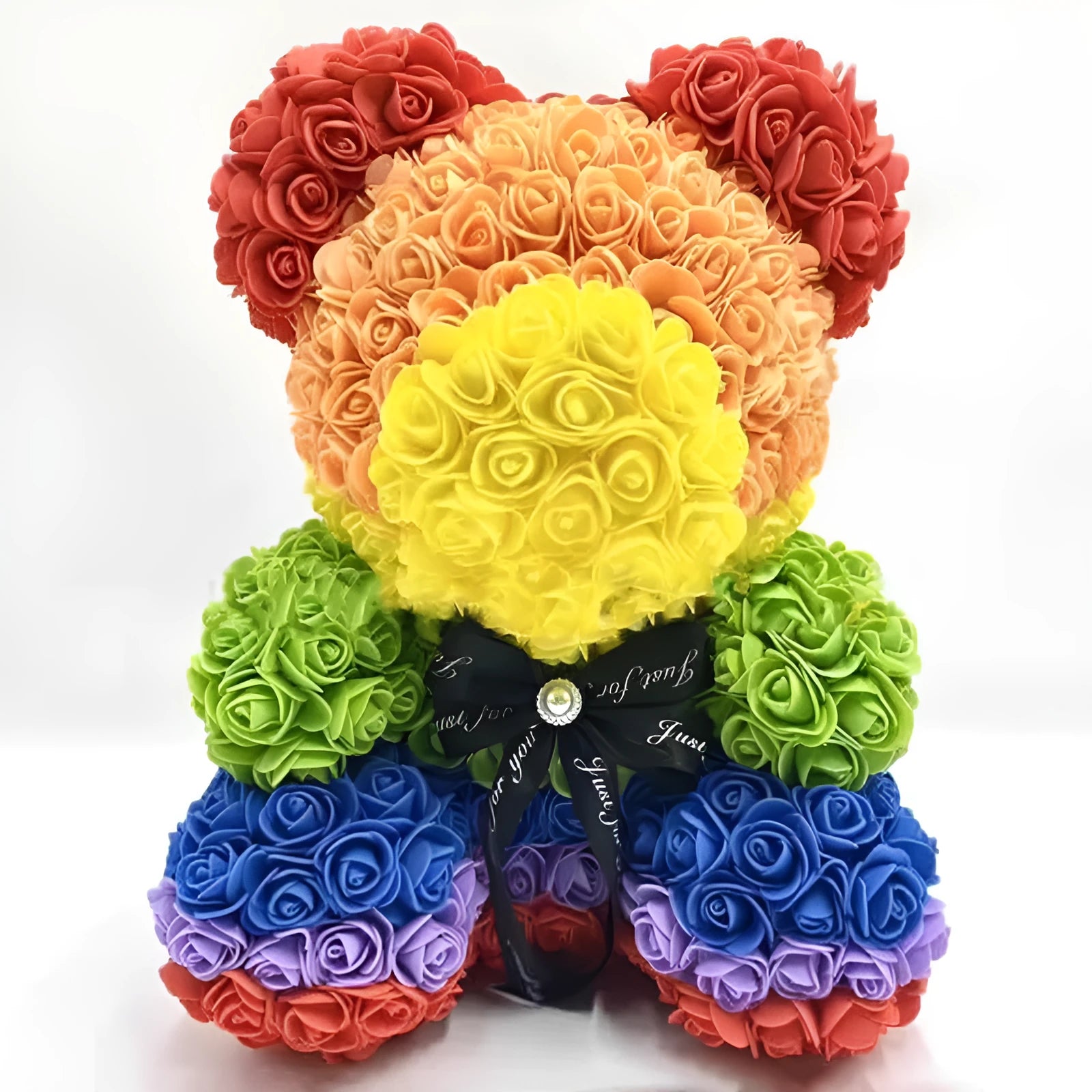 40cm handmade preserved flower bear with rainbow bow tie, seated, made of polyethylene foam