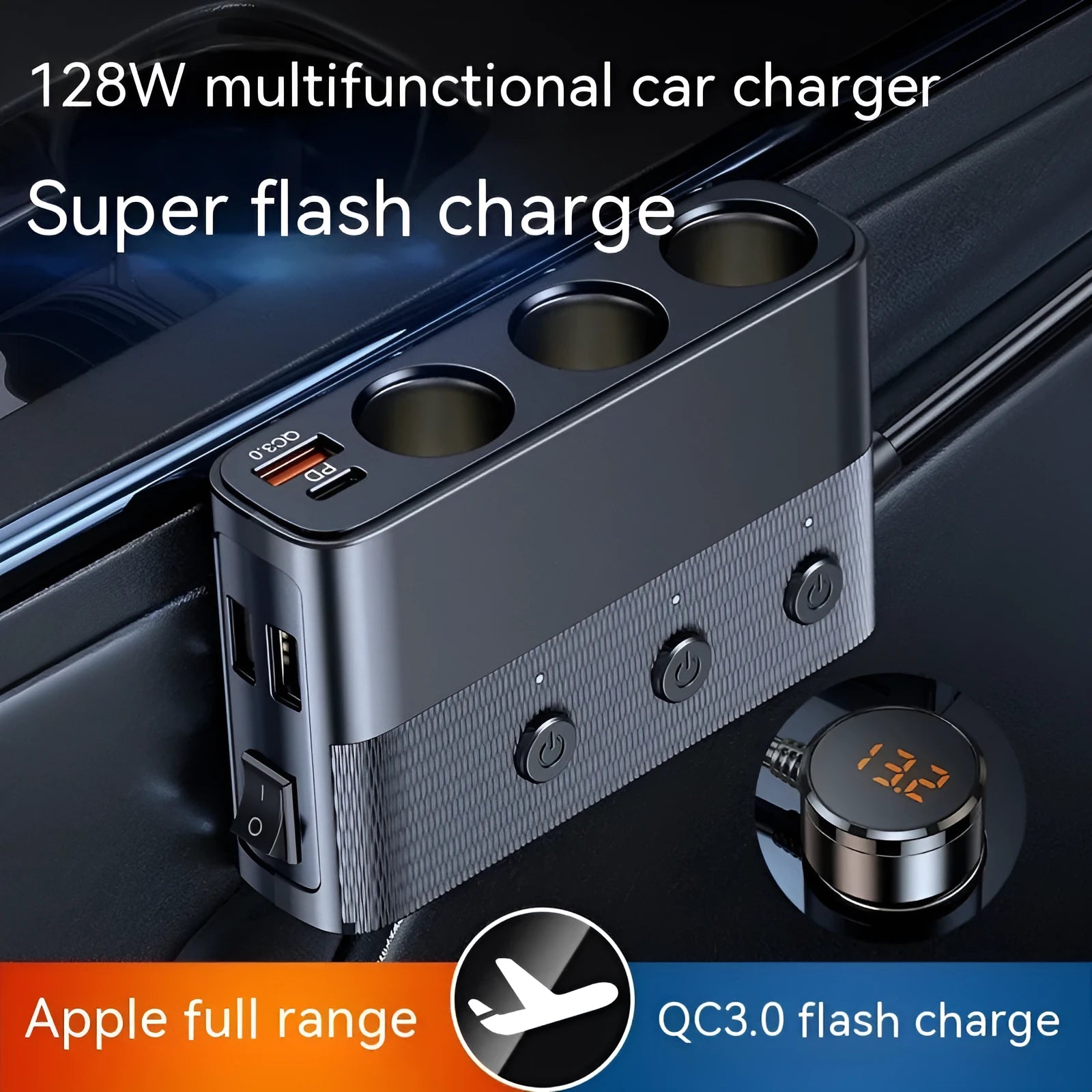 C28 black car cigarette lighter charger with USB 3.0 and PD ports showing 116mm body