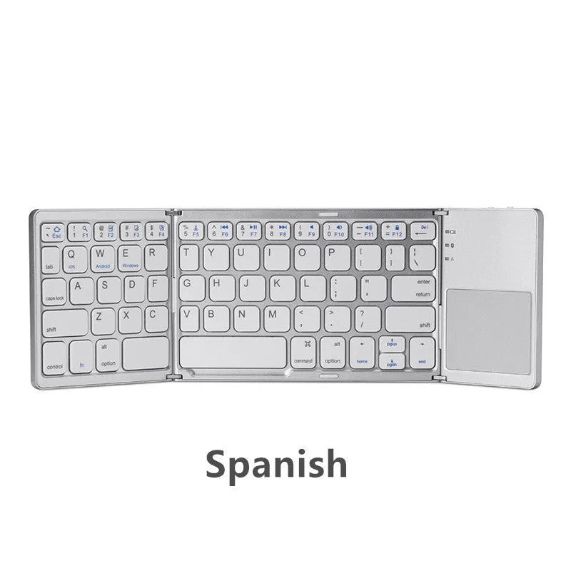 Ultra-thin tri-fold folding Bluetooth keyboard with touchpad in black or silvery white, showing folded and open positions