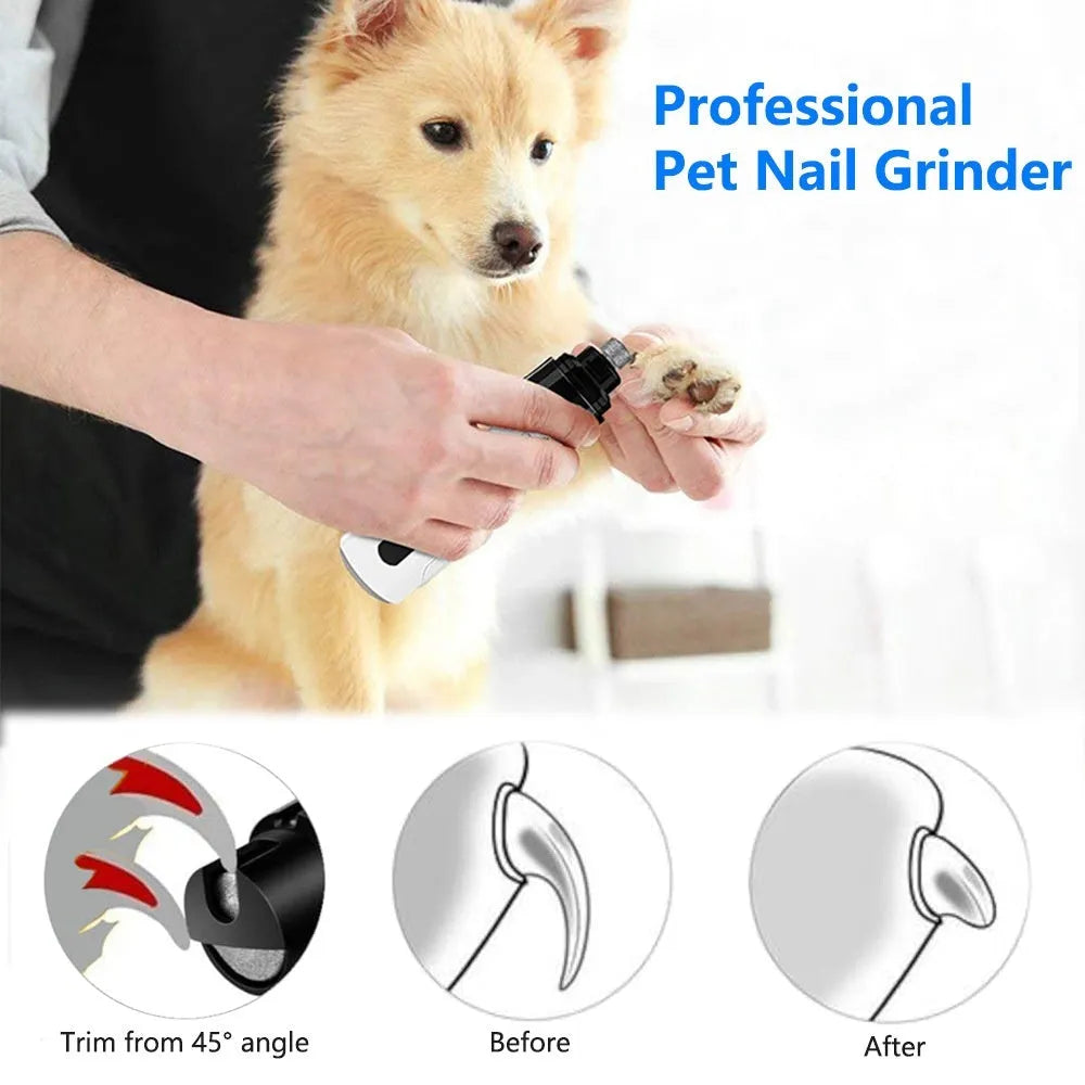 Electric dog nail trimmer with LED display showing 3-speed settings and dual-light indicators.
