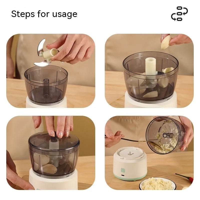 Mini electric meat grinder with transparent bowl in light green colour on a kitchen countertop.