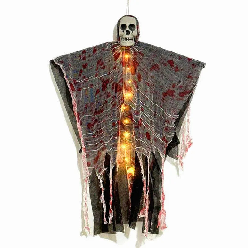 Plastic Halloween hanging ghost ornament with luminous blood-dyed skull.