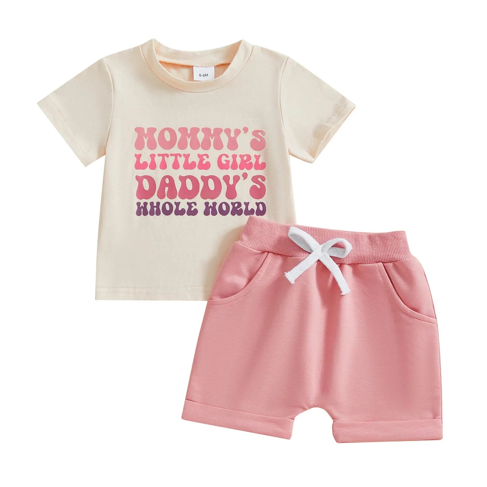 Baby girl letter print short-sleeve suit in pink, cotton mixed blouse and trousers set, casual style