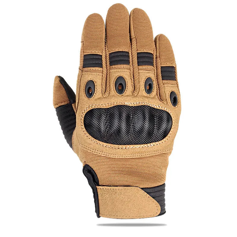 Touch screen tactical full finger motorbike gloves in knitted fabric, shown in black, grey-brown and army green.