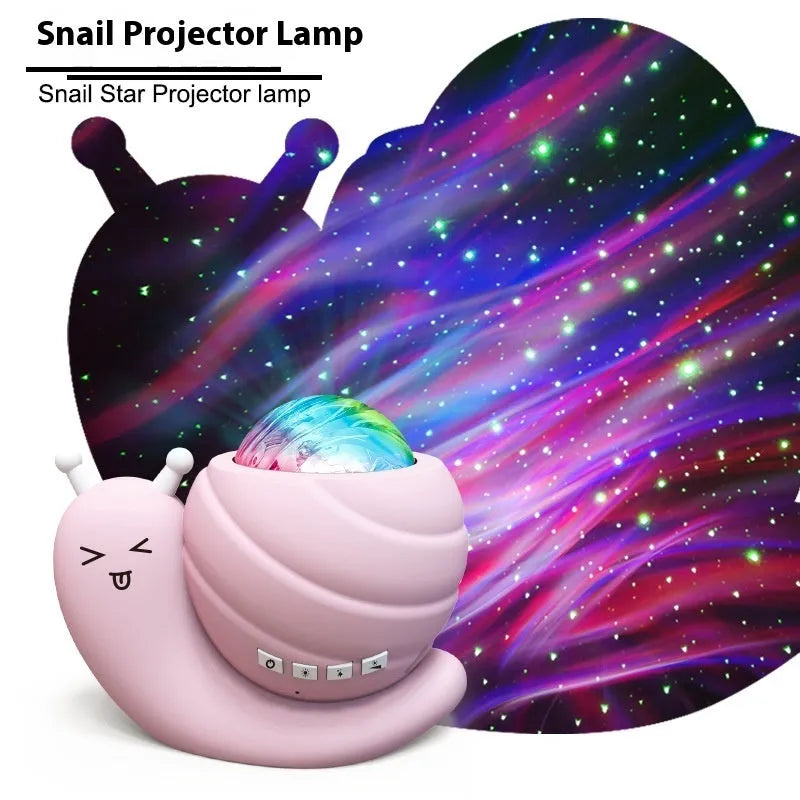 Snail starry sky projection lamp in blue colour with remote control on table