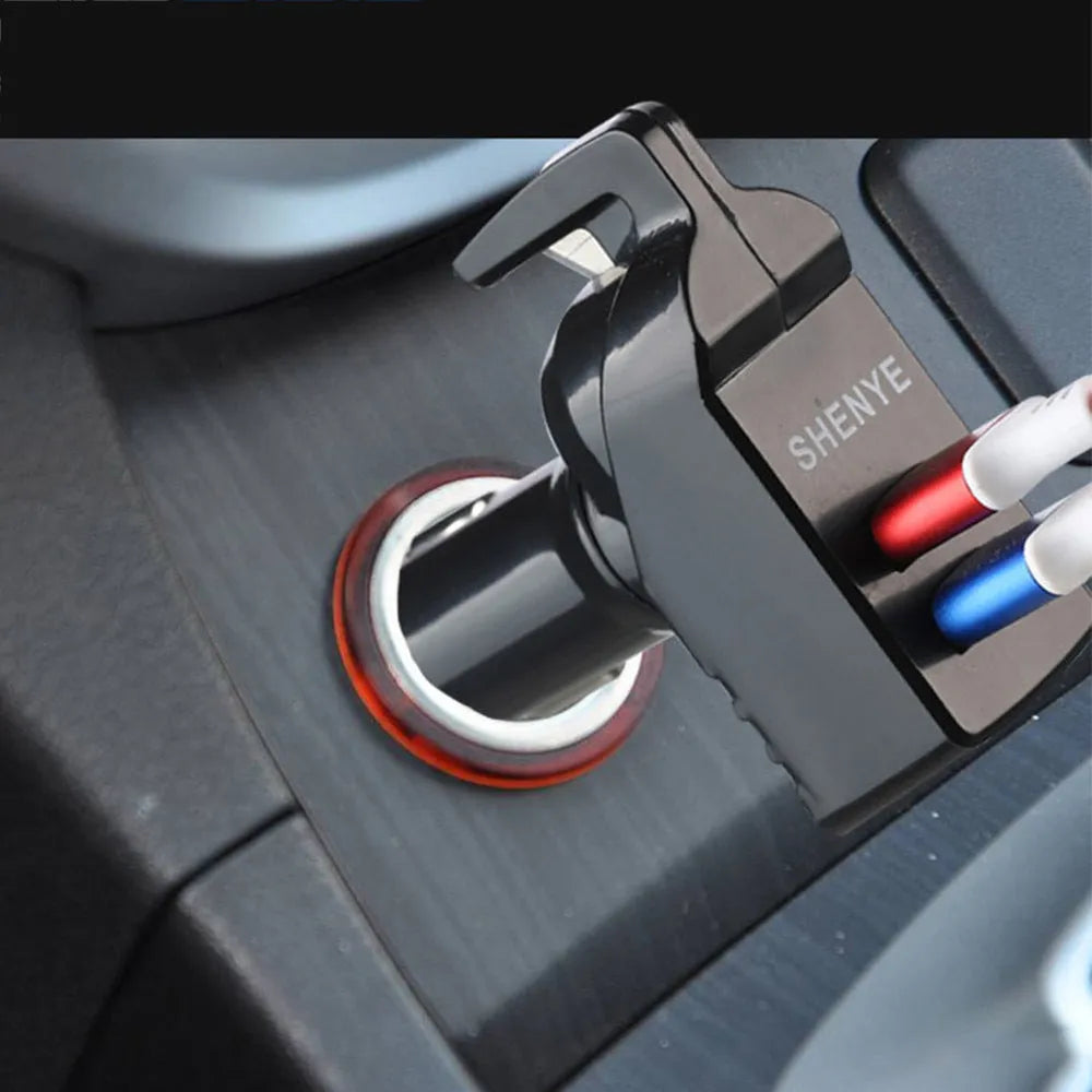 Car safety hammer with window breaker tip and seat belt cutter in black