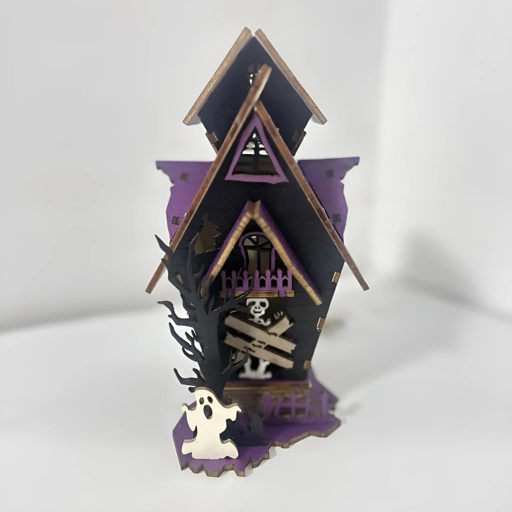 Wooden DIY haunted house Halloween table decoration measuring 14cm wide by 19cm tall