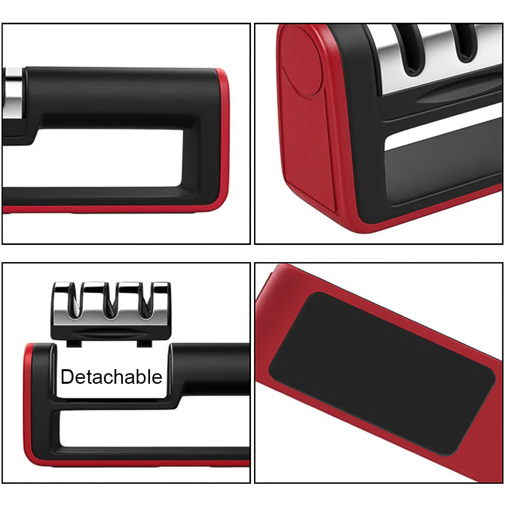 Professional black and red 3-stage knife sharpener with non-skid rubber feet