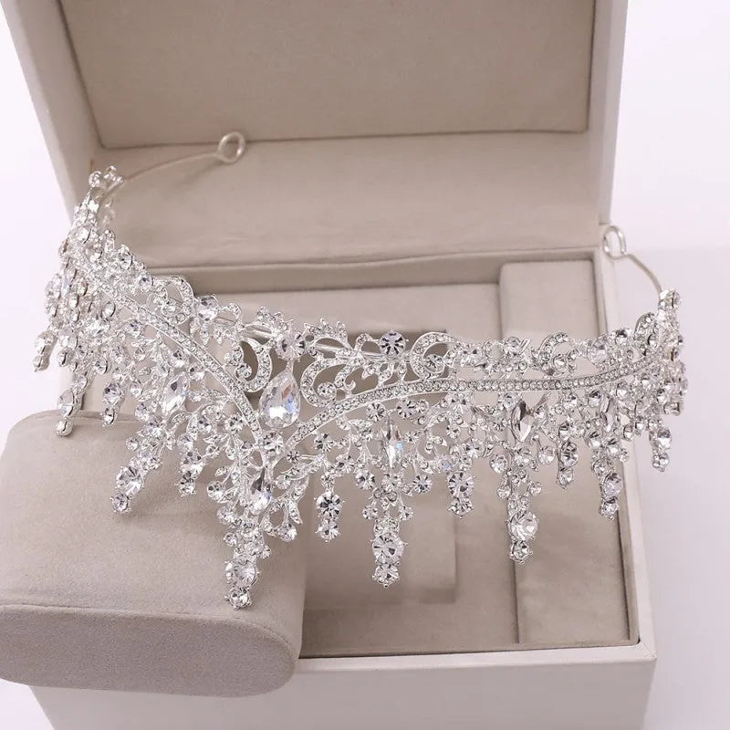 Silver crystal drop bridal set with natural zircon and silver-tone crown and jewellery pieces
