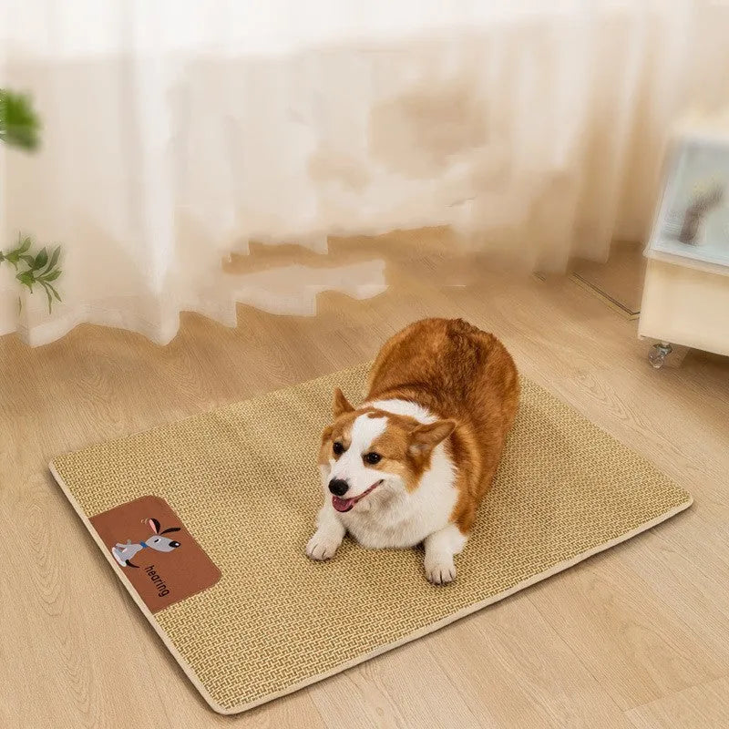 Beige woven cooling mat for cats and dogs on a wooden floor, showing size M