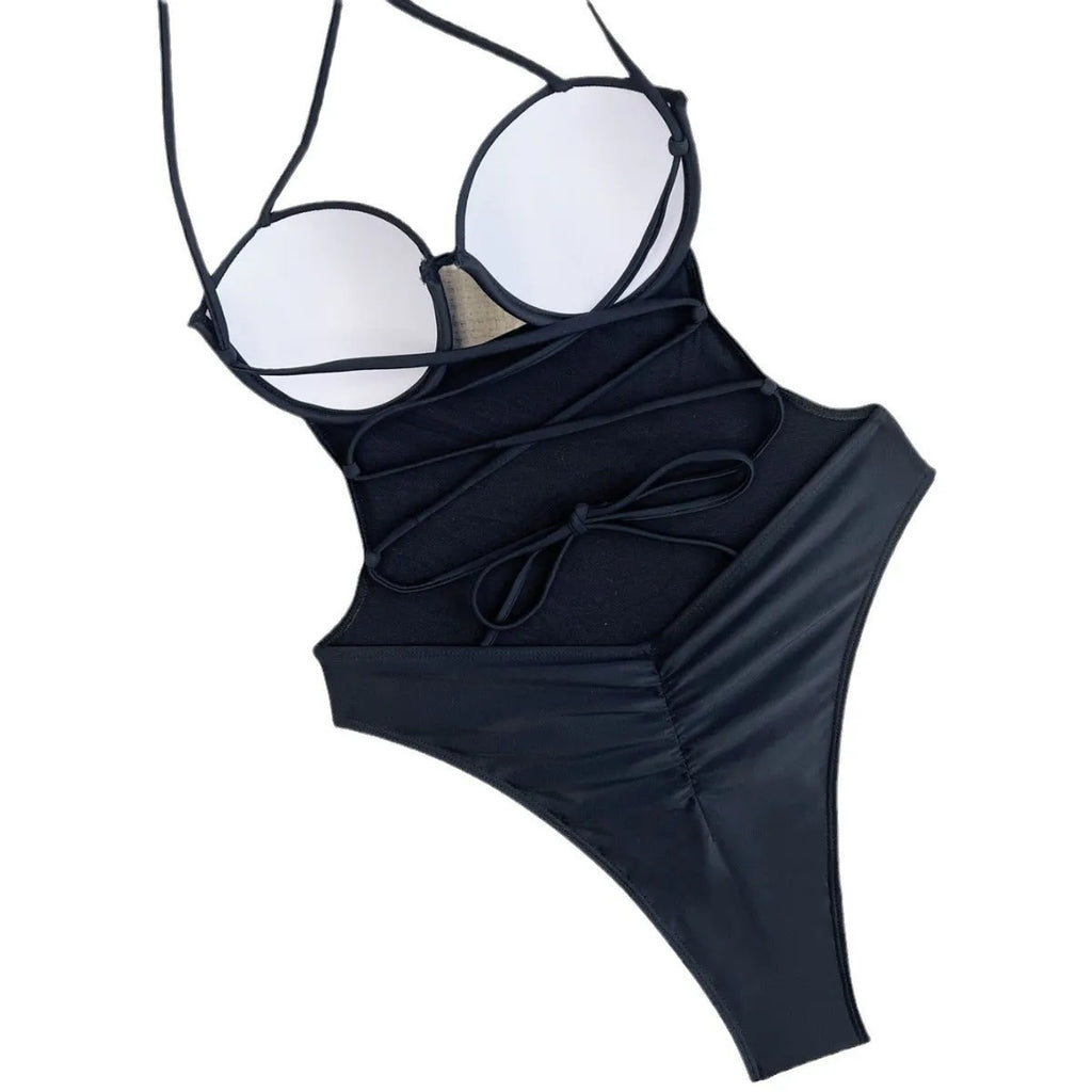Black women's one-piece swimsuit with bikini style design
