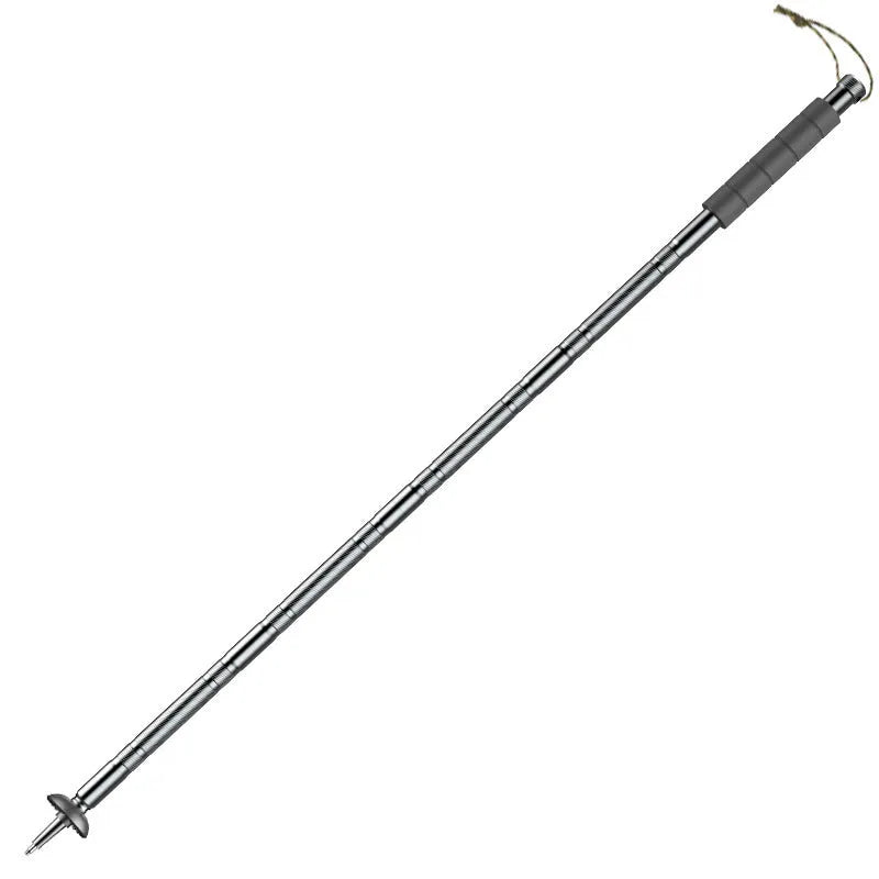 Dark grey aluminium alloy trekking pole with tactical knife and multi-tool accessories, adjustable from 106cm to 125cm