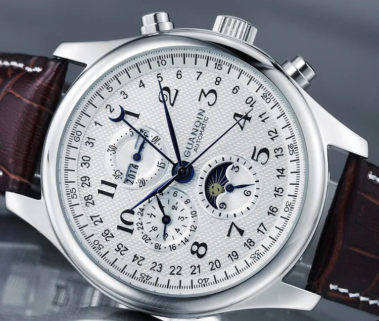 Men's mechanical perpetual calendar watch with moon phase display on 41mm case