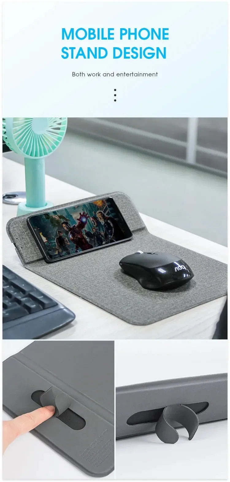 A foldable cloth wireless charging holder for smartphones, shown in both open and closed positions.