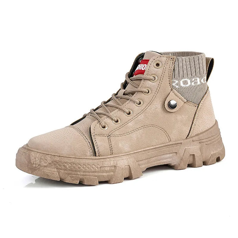 Men's high top Martin boots in Black, artificial PU upper, round toe, square low heel, front tie, casual style.