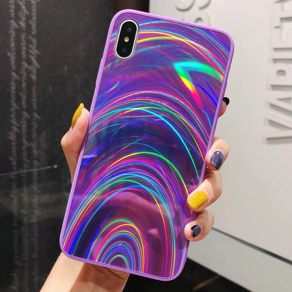 A 3D rainbow glitter gradient back cover case for a smartphone, showing its full-coverage design and sparkling finish.