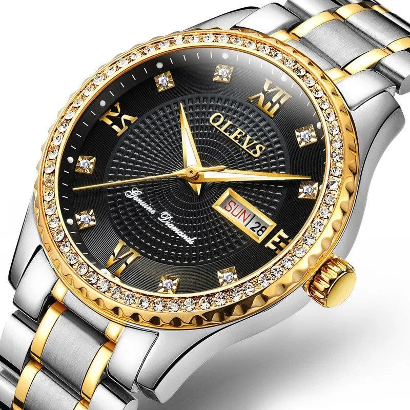 Luminous quartz watch with calendar and week display, 40mm round dial, stainless steel strap, alloy case