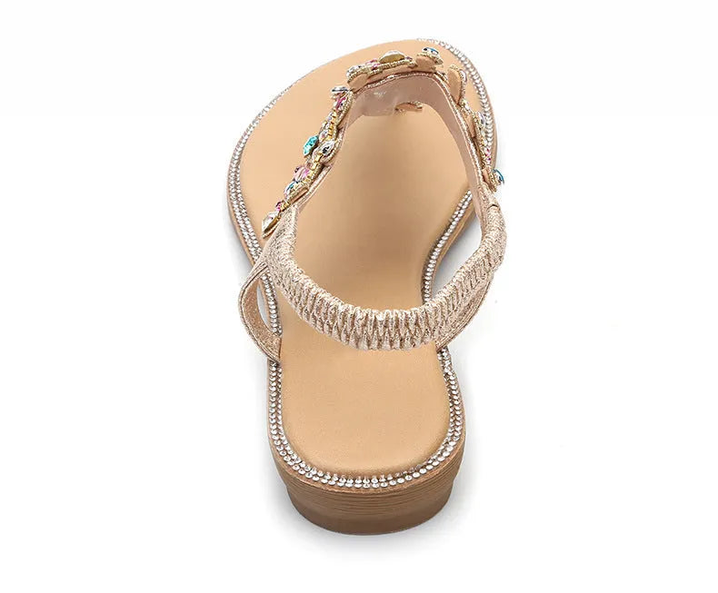 Gold sandals with colourful diamond decorations, low heel 1-3cm, and TPR sole