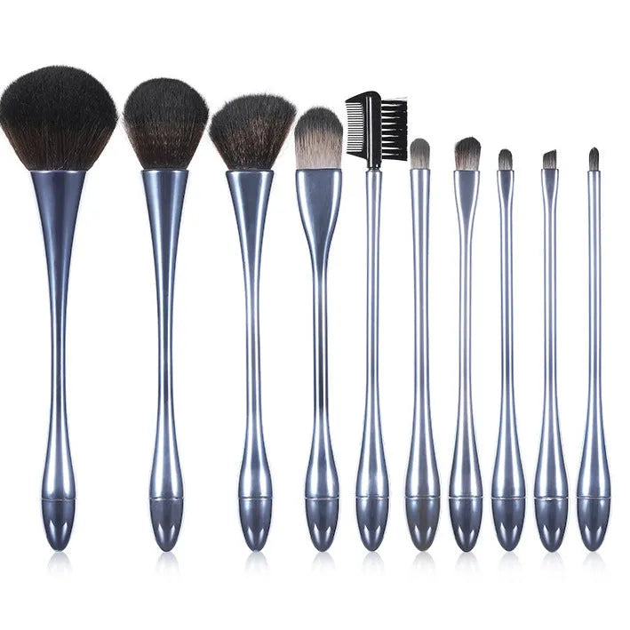Small waist makeup brush set with nylon bristles and plastic handles in light blue, red, rose gold, and light colours