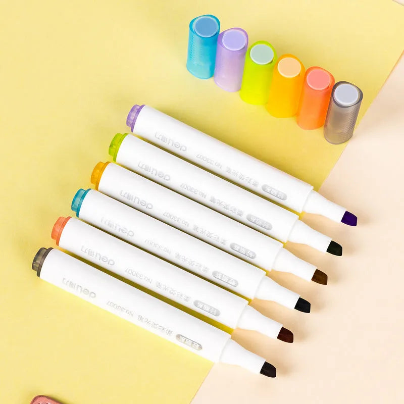 Deli S605 oblique head highlighter pen set showing macaron colour options with transparent penholders
