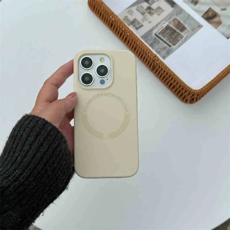 Liquid silicone magnetic phone case for iPhone with drop-resistant protective cover, available in antique white and other colours