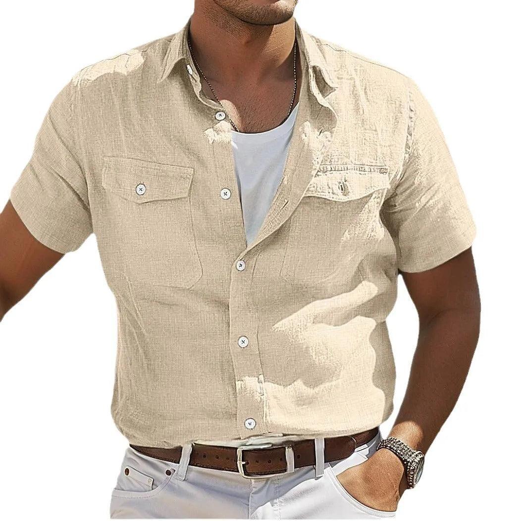 Men's loose fit linen summer shirt in cotton fabric with polo collar and long sleeves