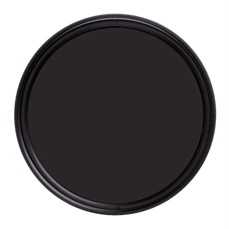 Slim aluminium ND8 camera filter showing front glass and threaded mount, with size markings visible.