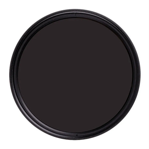Slim aluminium ND8 camera filter showing front glass and threaded mount, with size markings visible.