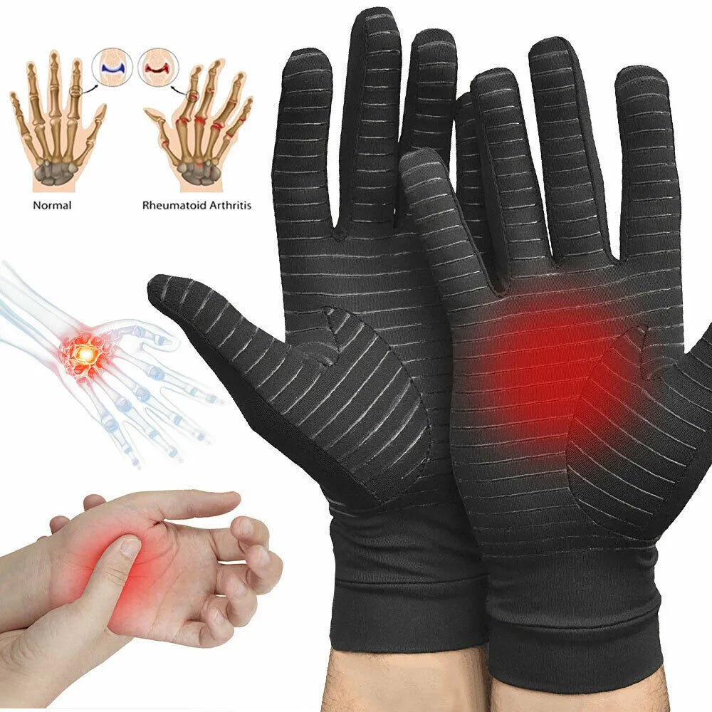 Black copper fibre compression gloves for hand support, full finger, XL size 27-29cm palm