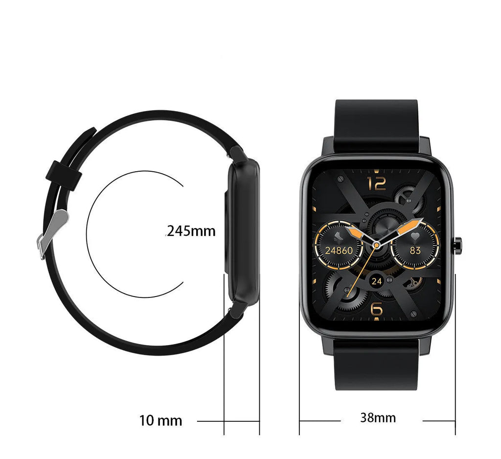 H80 black smartwatch on wrist showing heart rate and time on its 1.69-inch spherical glass screen.