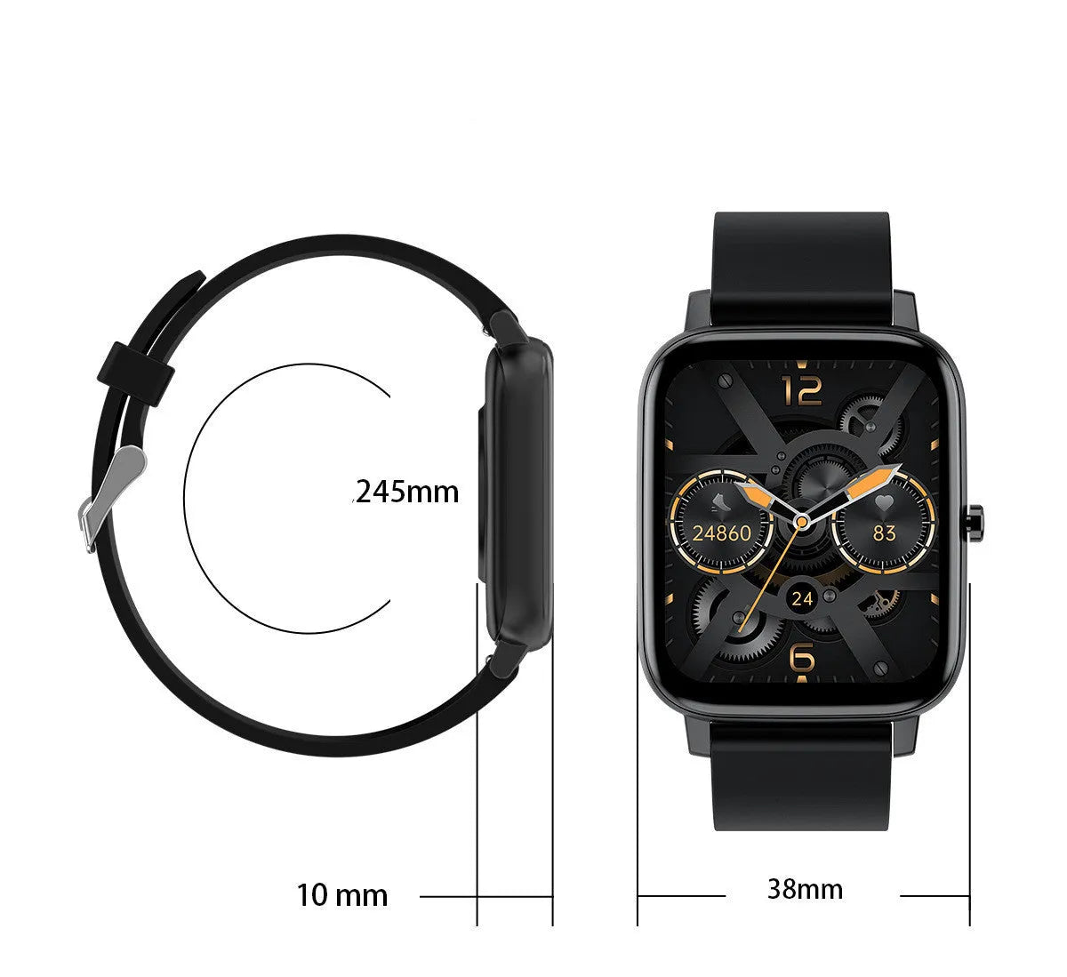 H80 black smartwatch on wrist showing heart rate and time on its 1.69-inch spherical glass screen.