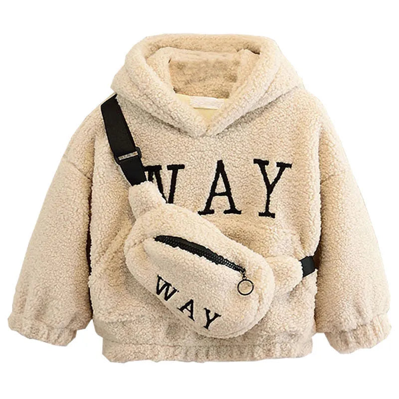 Children's fleece jacket with hood in cashmere fleece fabric with cartoon print design