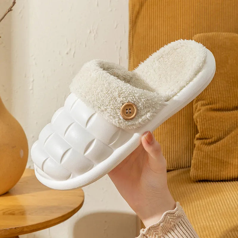 Plaid pattern detachable EVA slippers with plush lining and a textured nonslip sole.
